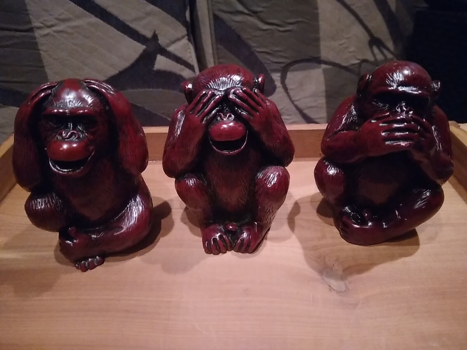Vintage Chinese Kanji Glyphs Three Wise Bonobos Hear, Speak, See No Evil Figures