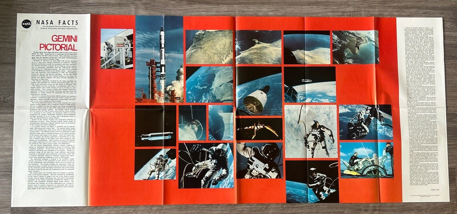 1966 NASA FACTS GEMINI PICTORIAL SPACE FLIGHT LARGE FOLD-OUT POSTER 21\
