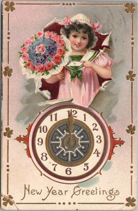 1910 Tuck's HAPPY NEW YEAR Embossed Postcard Little Girl Bouquet of Pink Roses