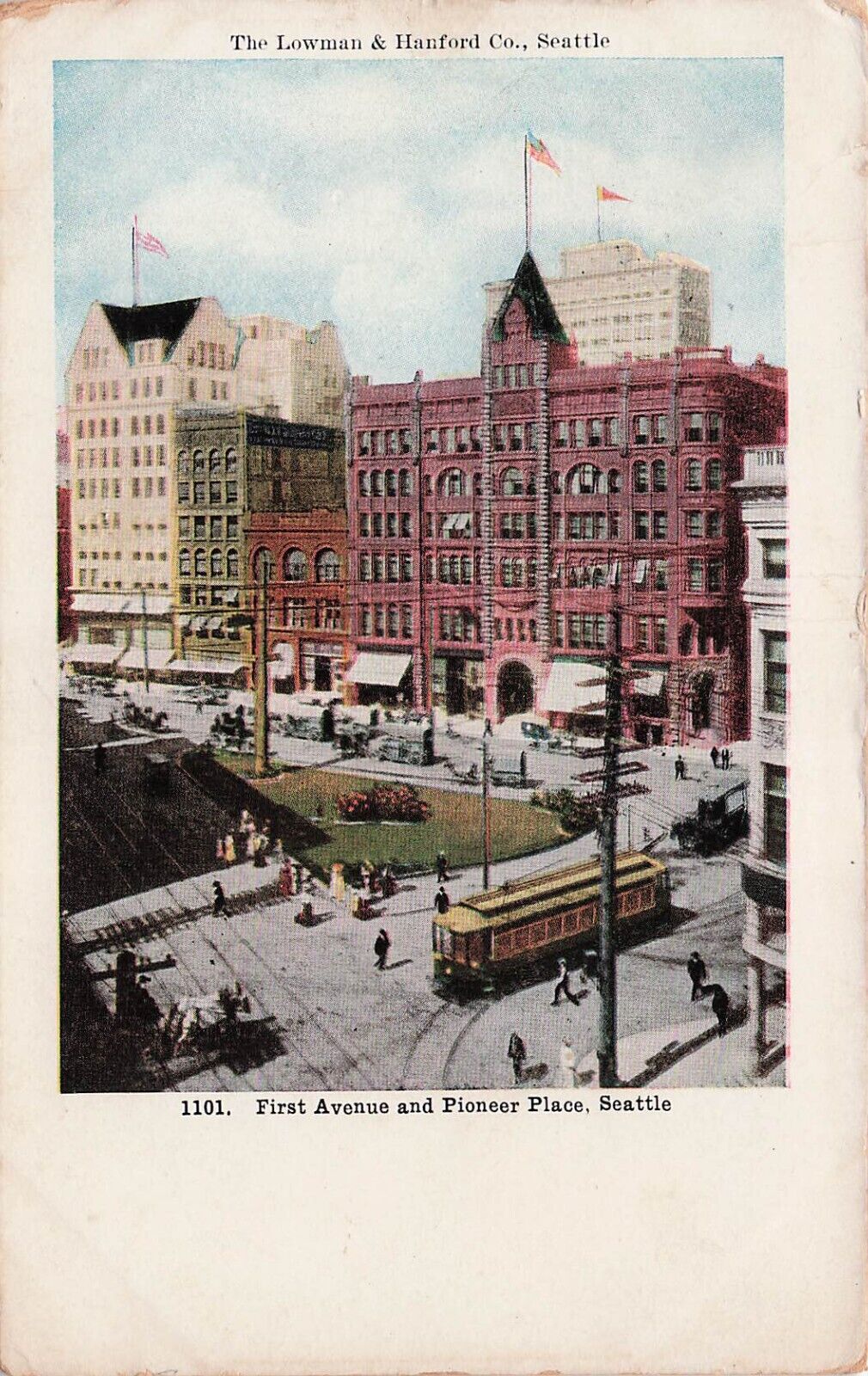 Seattle WA Pioneer Square Early 1900s Trolley Lowman Hanford Bldg Postcard D59