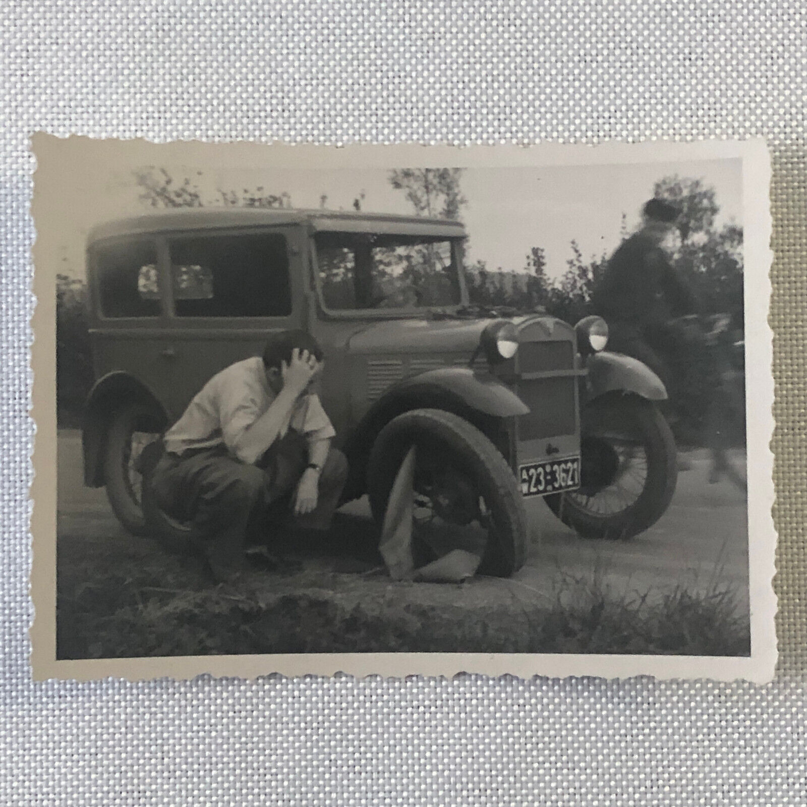 Vintage Photo Photograph Frustrated Man with Flat Tire Car Automobile