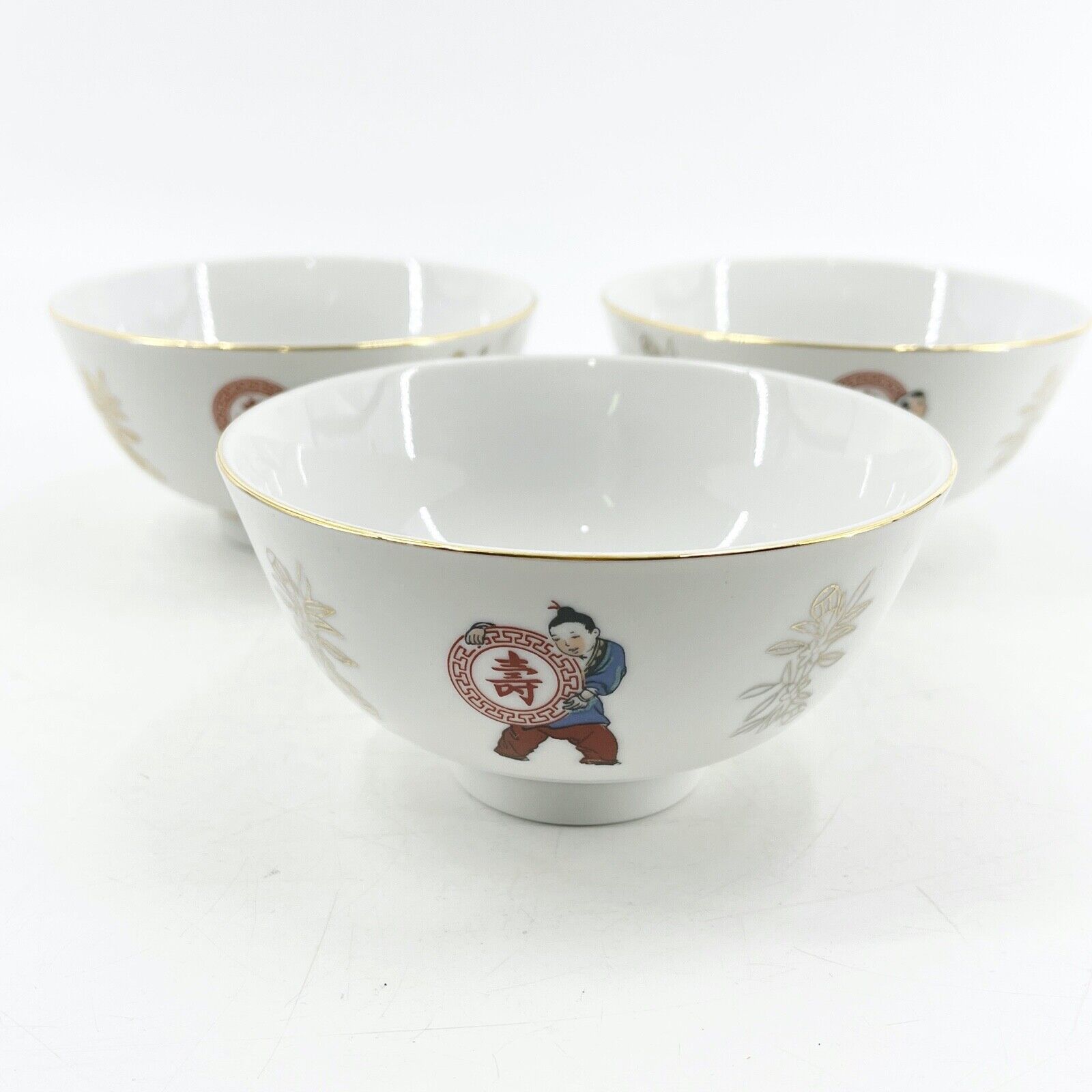 Set of 3 VTG Datong Porcelain Chinese Longevity & Wealth Rice Soup Bowls Tatung
