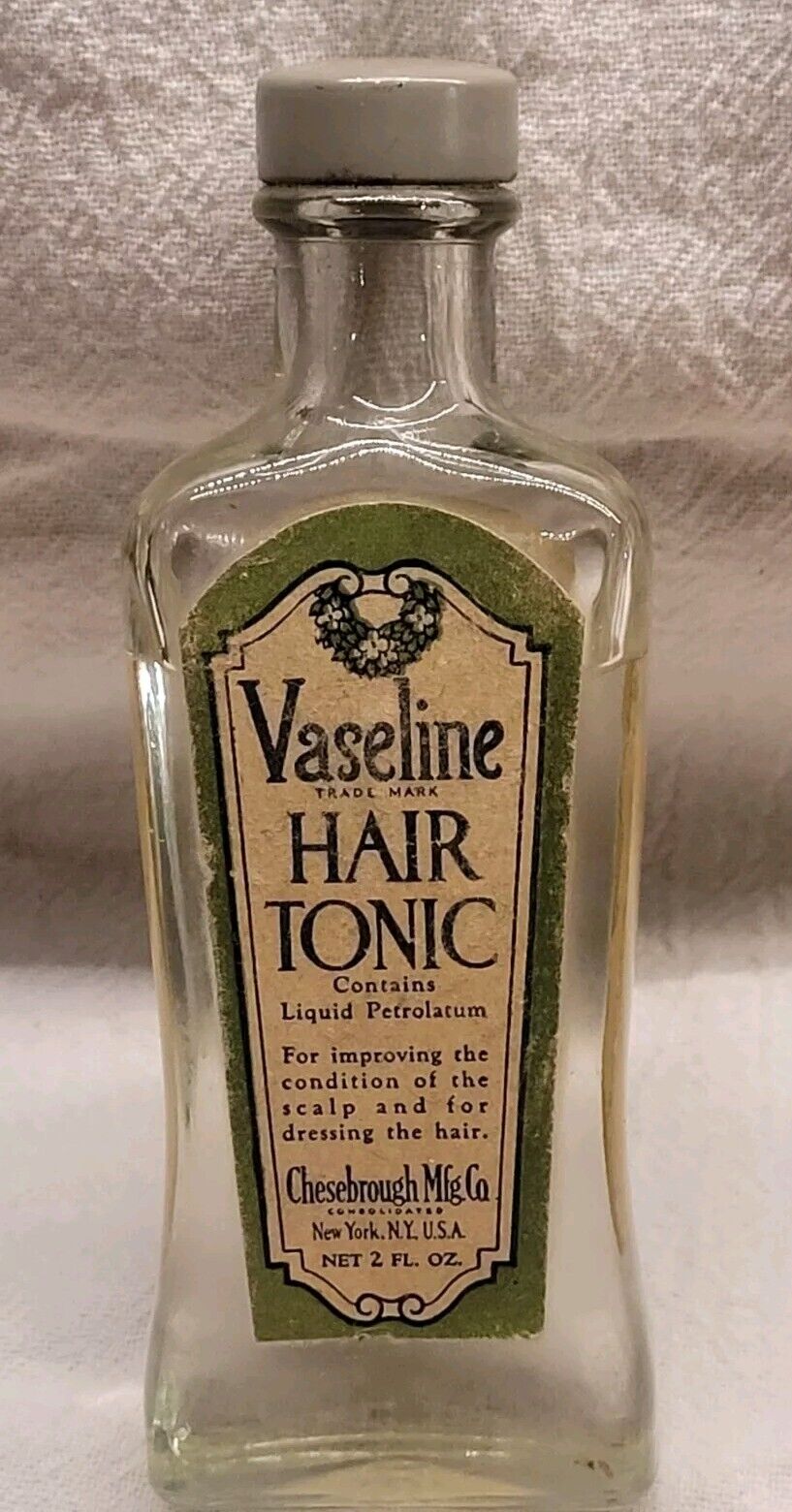 OLD VASELINE HAIR TONIC GLASS BOTTLE W ORIGINAL LABELS BARBER SHOP ADVERTISING