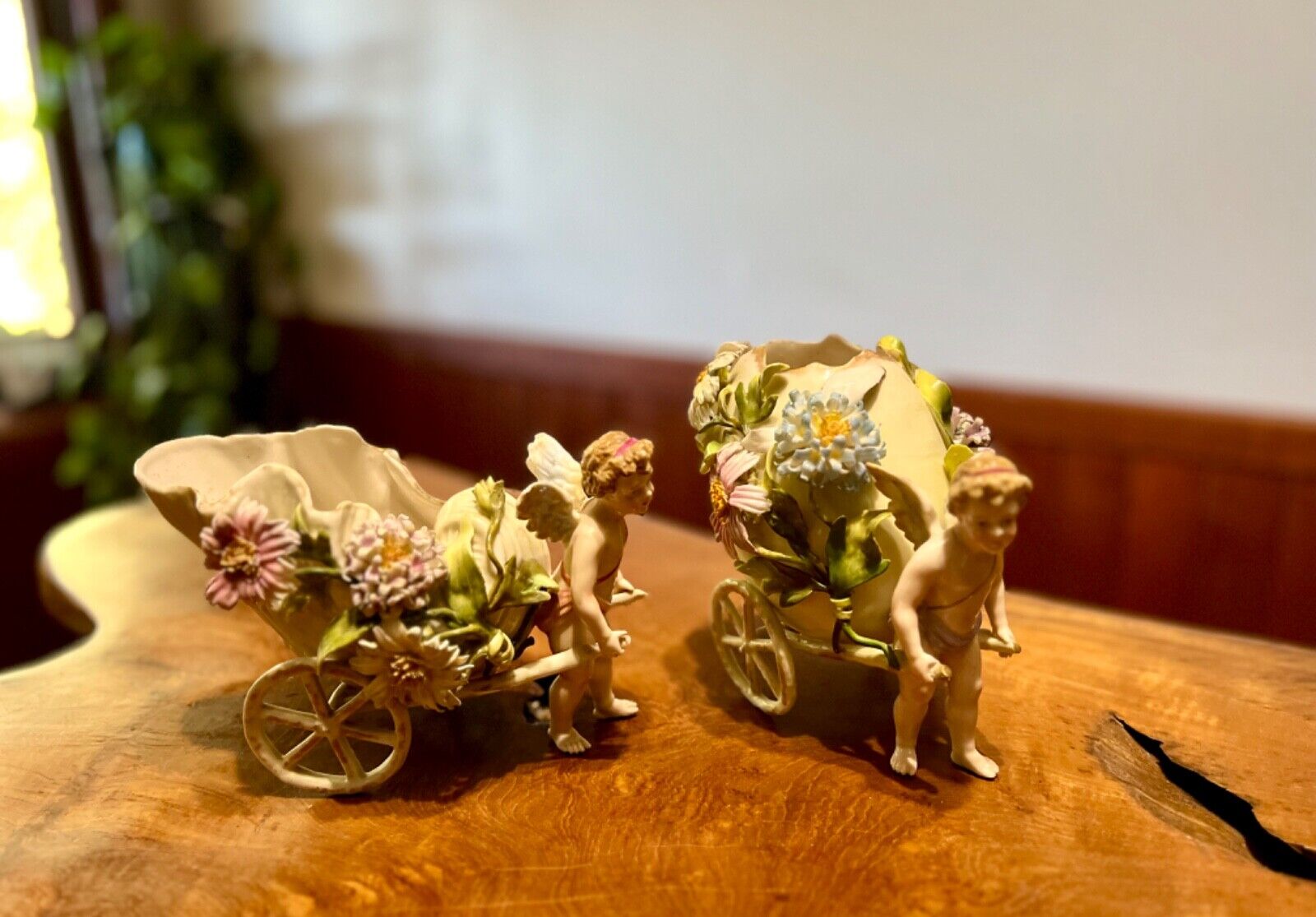 Antique German Schierholz Porcelain Flower Encrusted Cherub Wagon Vase Pair