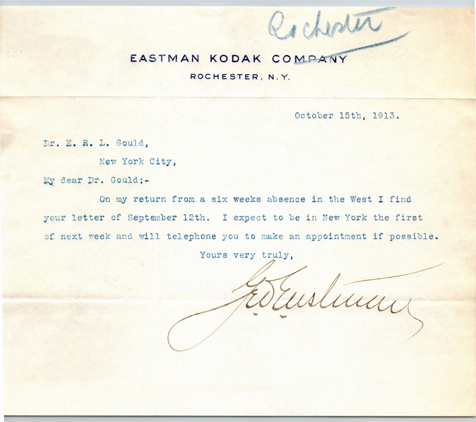 George Eastman Signed Kodak Rochester, NY Typed Letterhead 1913