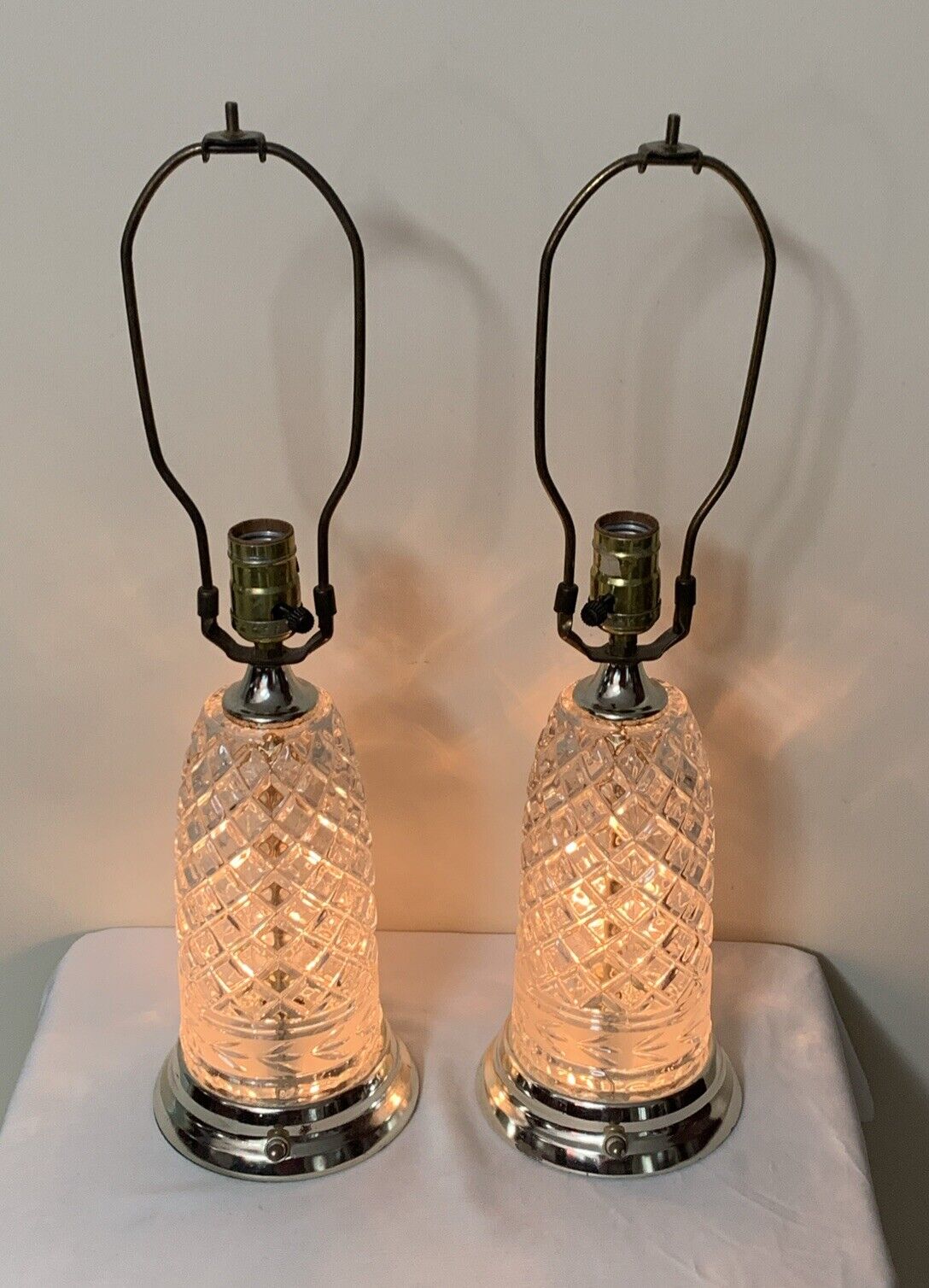 Vintage Set of 2 Cut Crystal Table Lamps w/Interior Night Light and 3 Way Switch