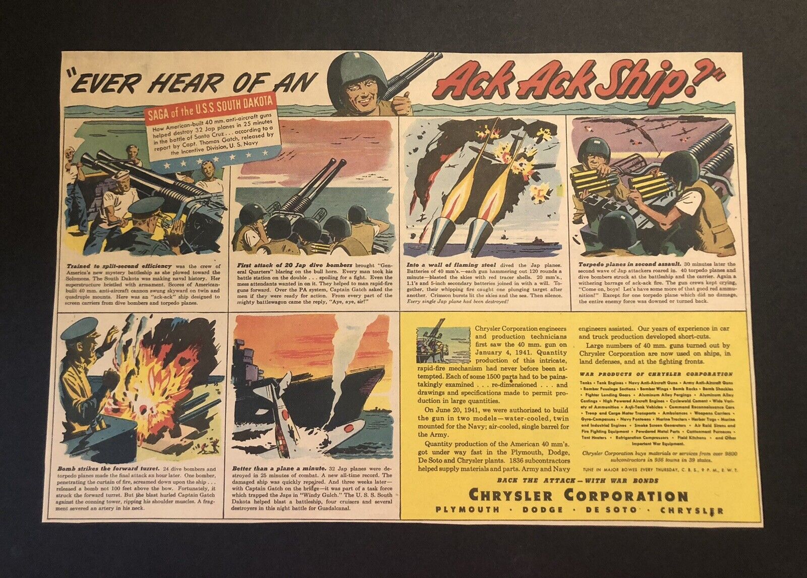 1940’s Wartime Chrysler Corporation War Soldier Saga of USS Dakota Newspaper Ad