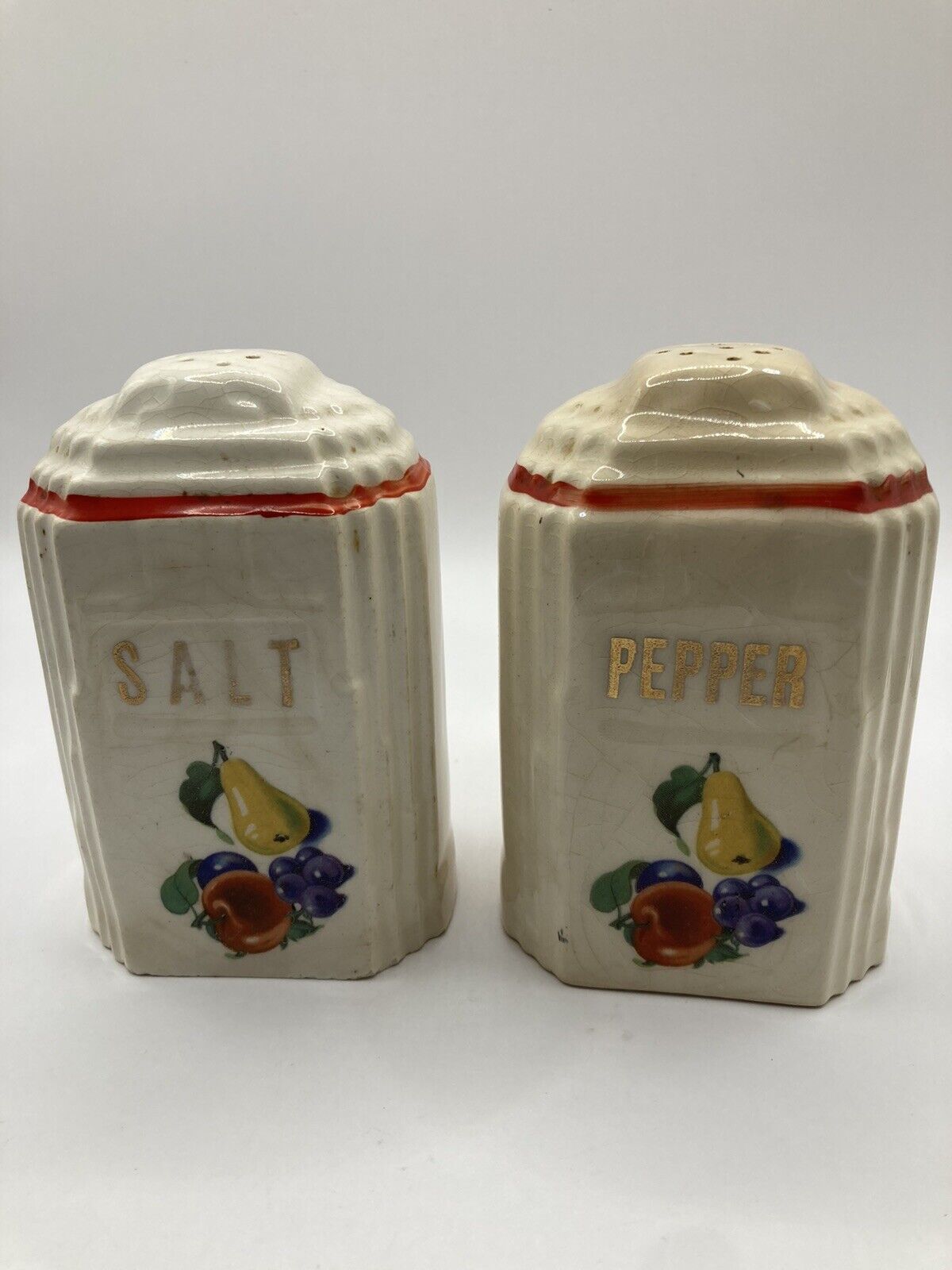 Vintage Cronin Art Deco Salt Pepper Shaker Set w Fruit & Gold Letters 4.5\