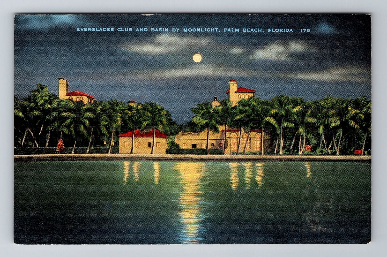 Palm Beach FL-Florida, Everglades Club, Basin By Moonlight, Vintage Postcard