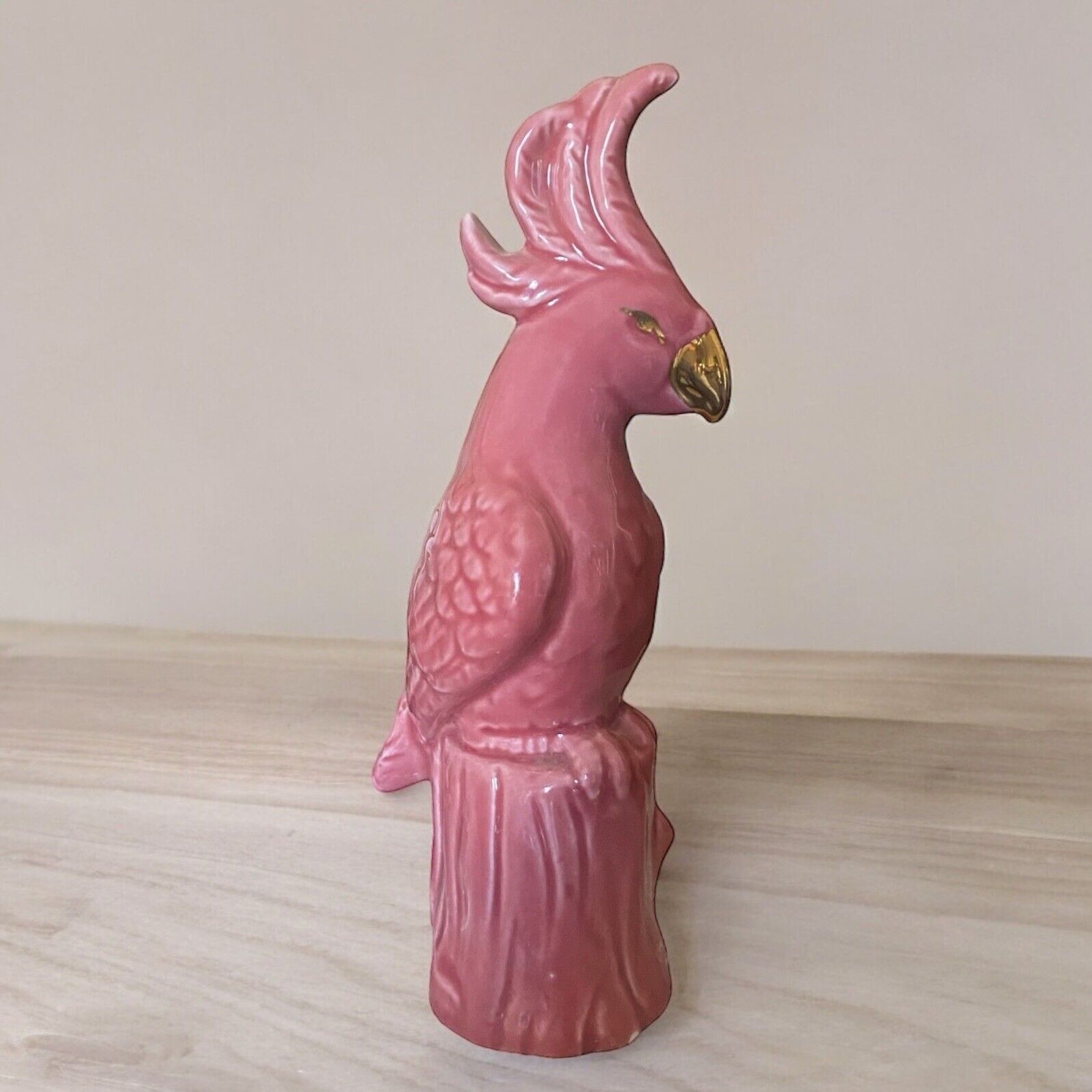 Vintage Pink Cockatoo Parrot Figurine Gold Accents Beak and Eyes 7” tall