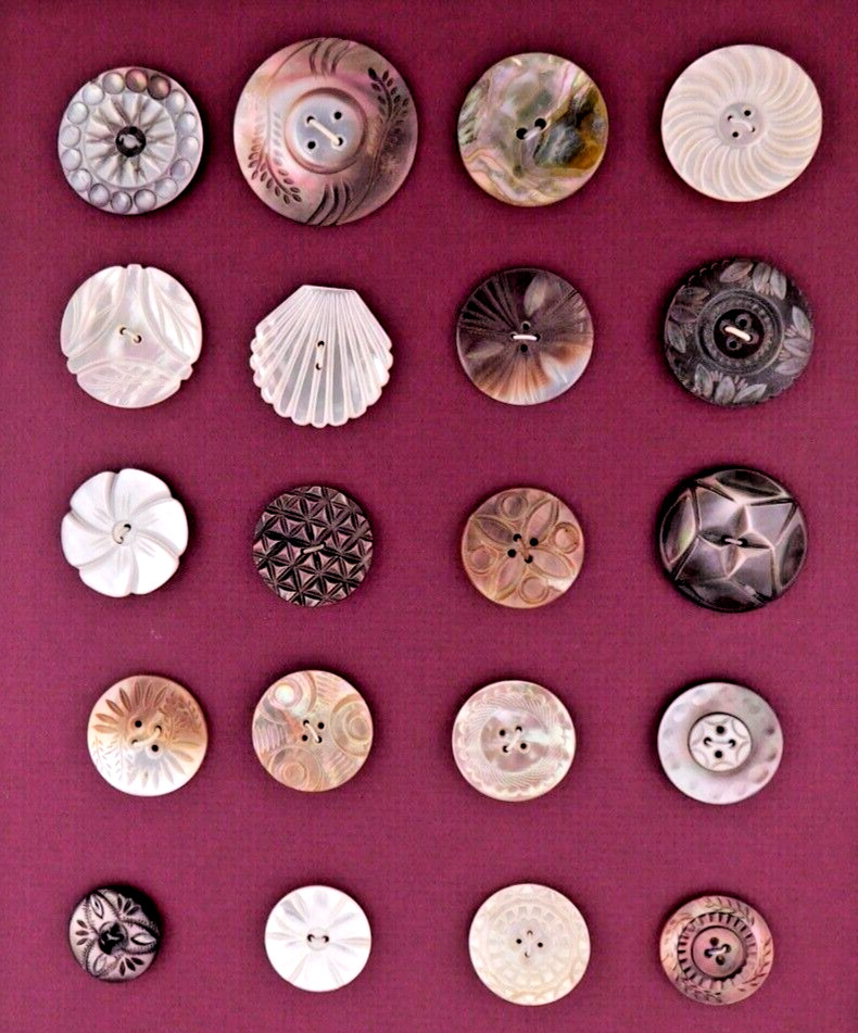 Lot of 20 Antique Carved Pearl Shell BUTTONS on a Card NICE Mediums & Larges