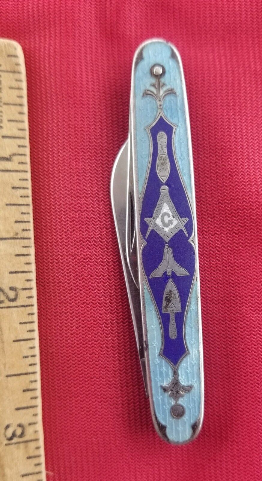Old Vintage Voos  Silver Enamel Masons Pocket Knife Masonic