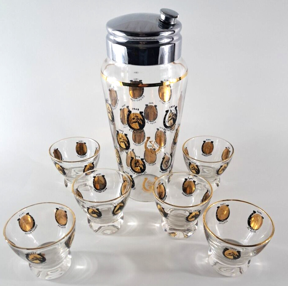 VTG Kentucky Derby Winners Glass Shaker Decanter Bar Set W 6 Glasses Gold Rim
