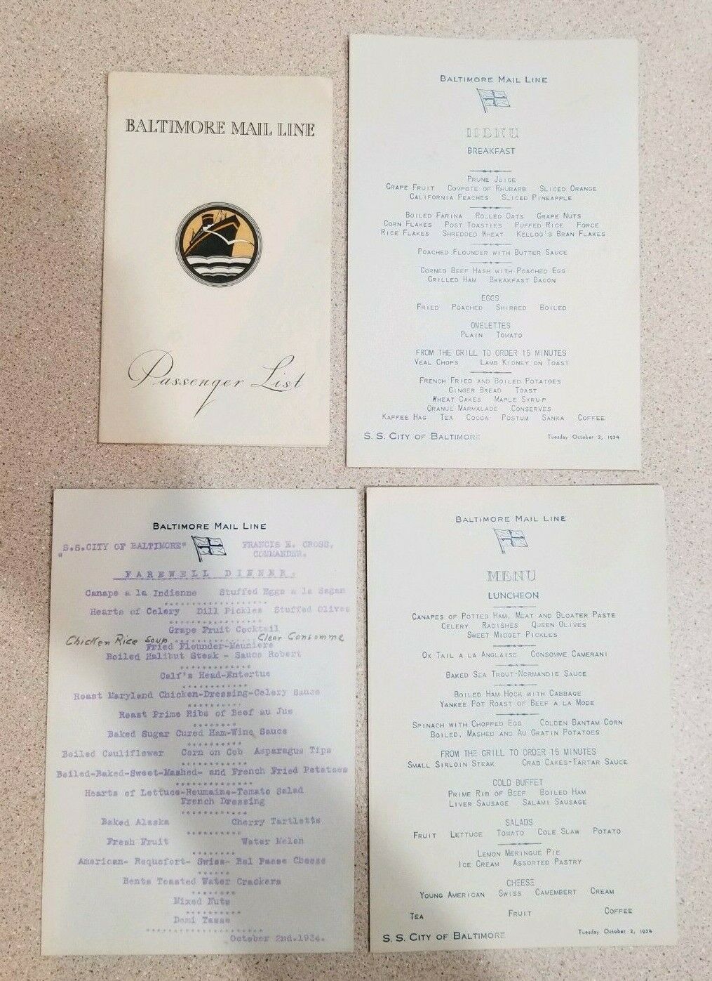 1934 Baltimore Mail Line Passenger List with Breakfast, Lunch & Farewell Menu's