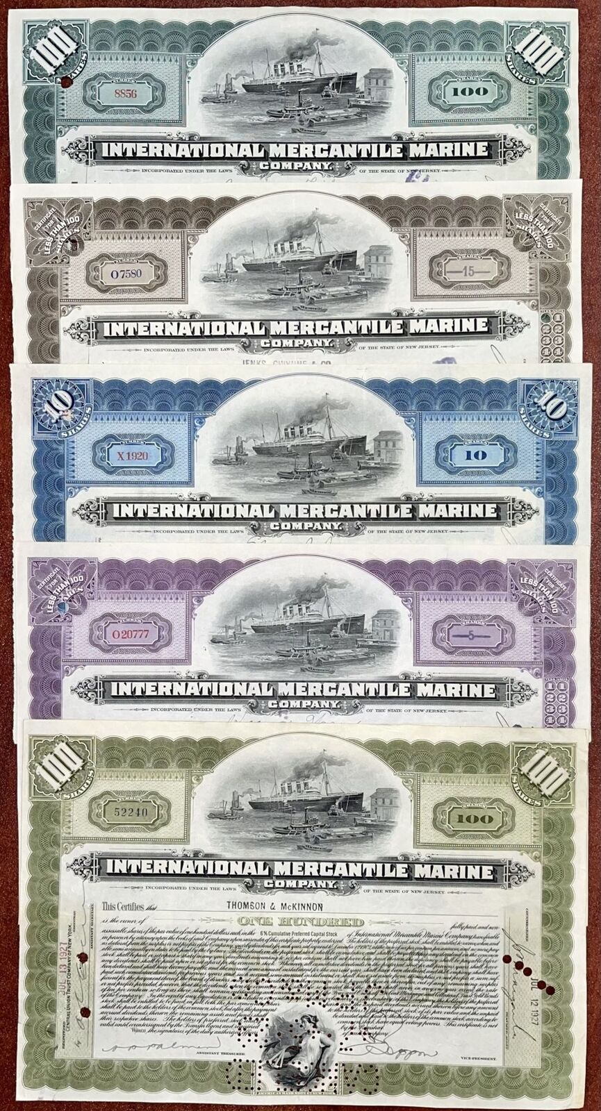 Titanic Group of 5 International Mercantile Marine Stock Certificates - Co. that