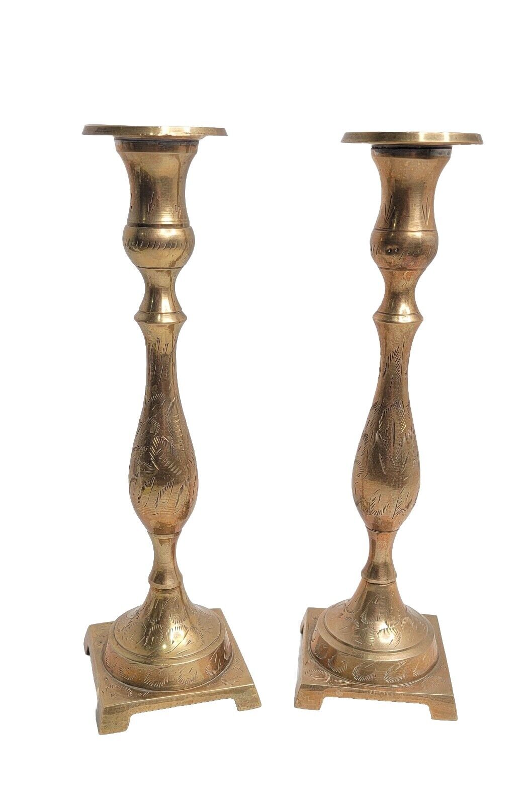 Pair Etched Brass Candlestick Holders Vtg 10\