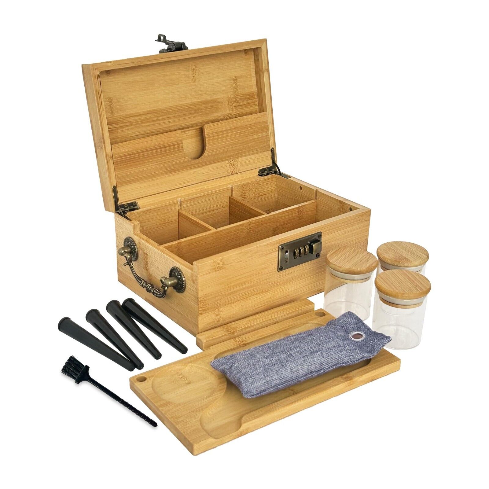 Bamboo Box with Combination Lock Smell Proof Stash Box Organizer Set with Handle