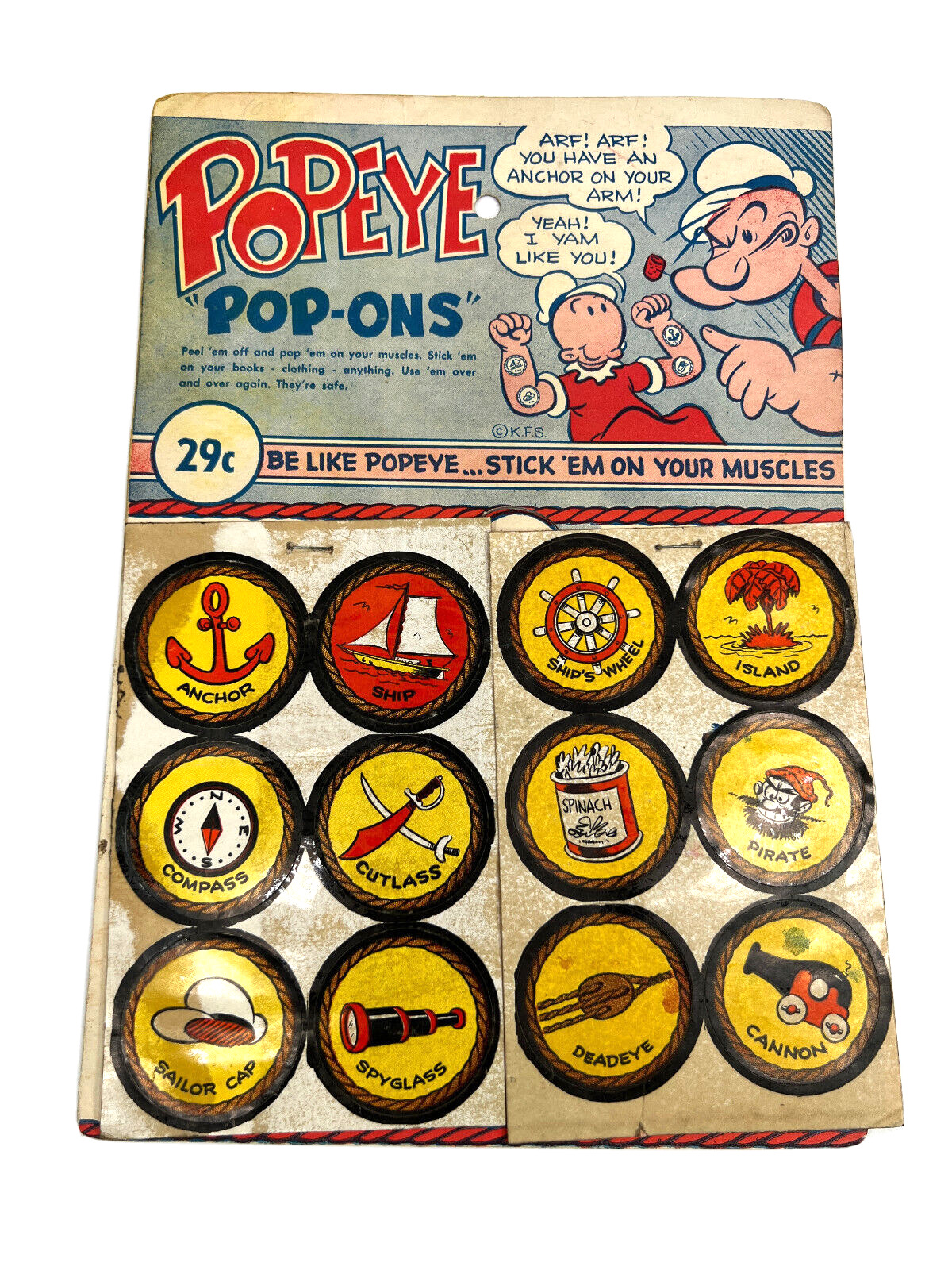 MEGA RARE 50s Popeye Pop-Ons Tattoo Stickers Store Display toy Welded Plastics