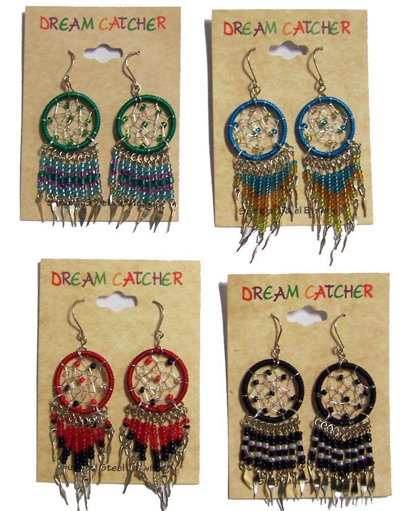 12 PAIR ASST COLOR DREAM CATCHER EARRINGS W SEED BEADS surgical steel LADIES