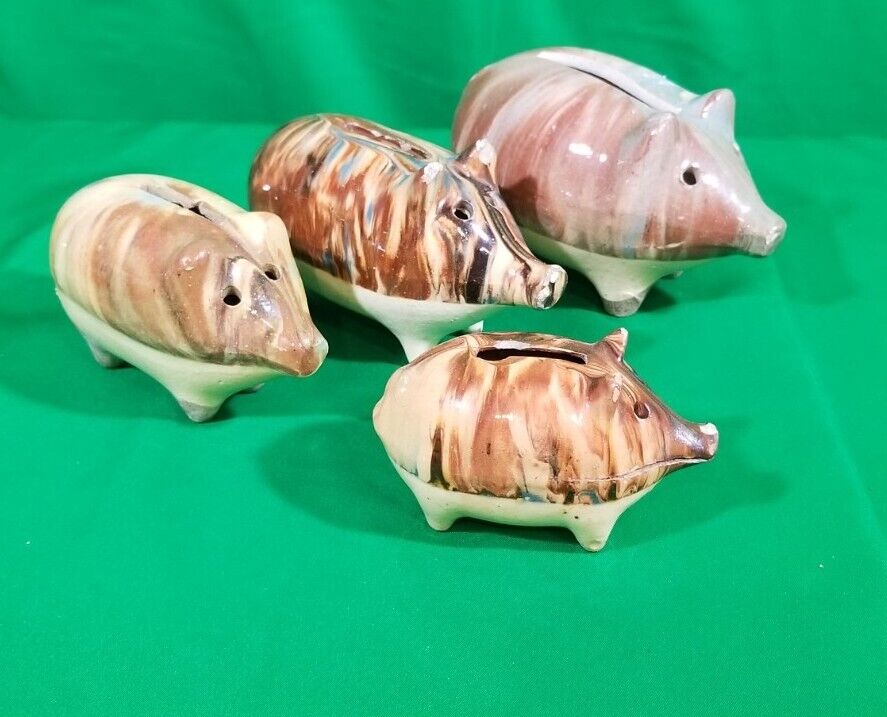 Lot of Antique Vintage Piggy Coin Bank Drip Glaze Ceramic Pottery Pig Unique 
