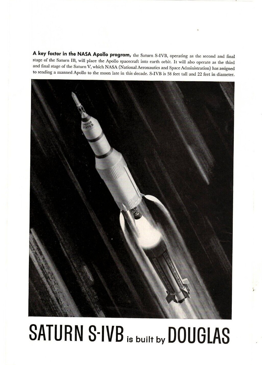 1963 Print Ad Douglas Saturn S-IVB A key factor in the NASA Apollo Program Illus
