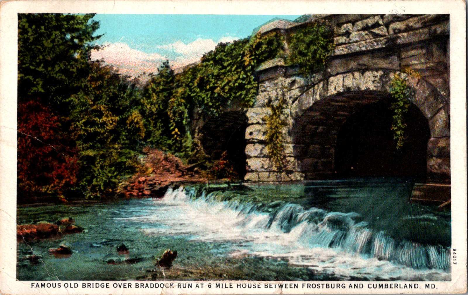 Vintage 1931 Old Stone Arched Bridge Braddock Run Frostburg Maryland MD Postcard