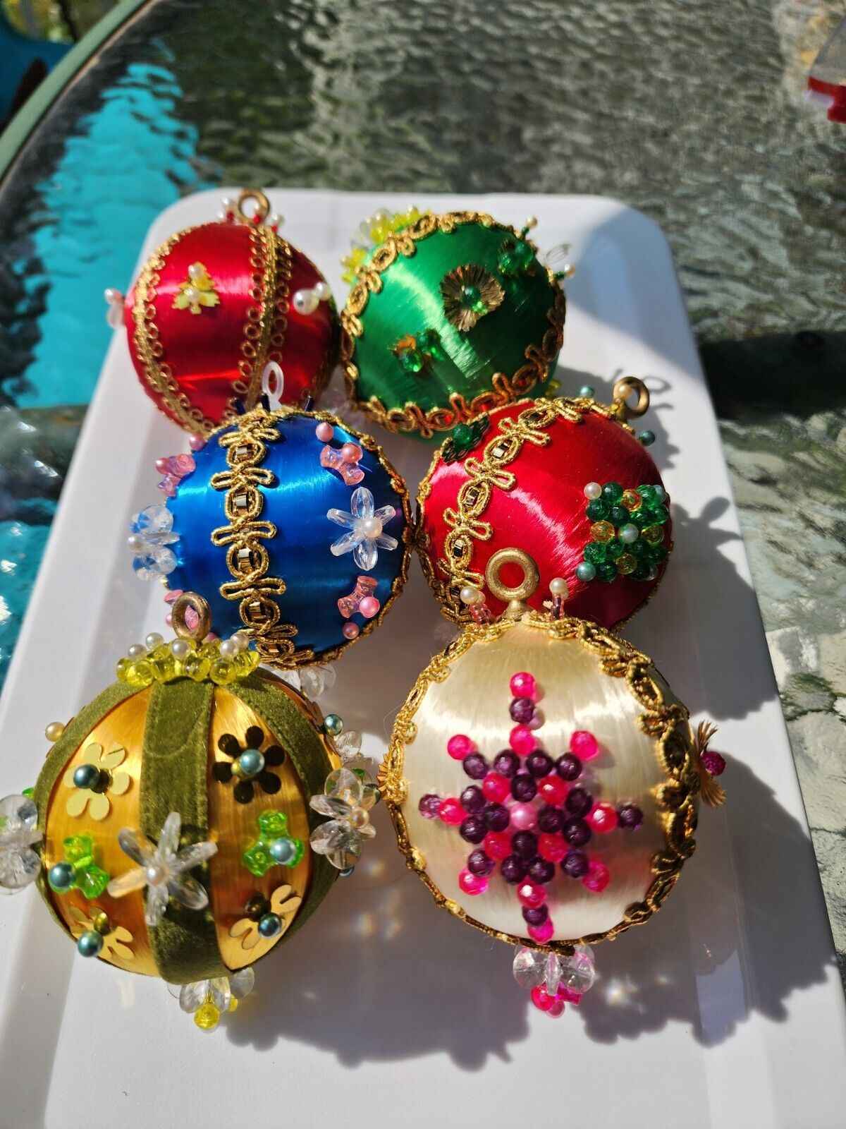 6 Vintage 1960s Handmade Push Pin Satin Christmas Ornaments Round 