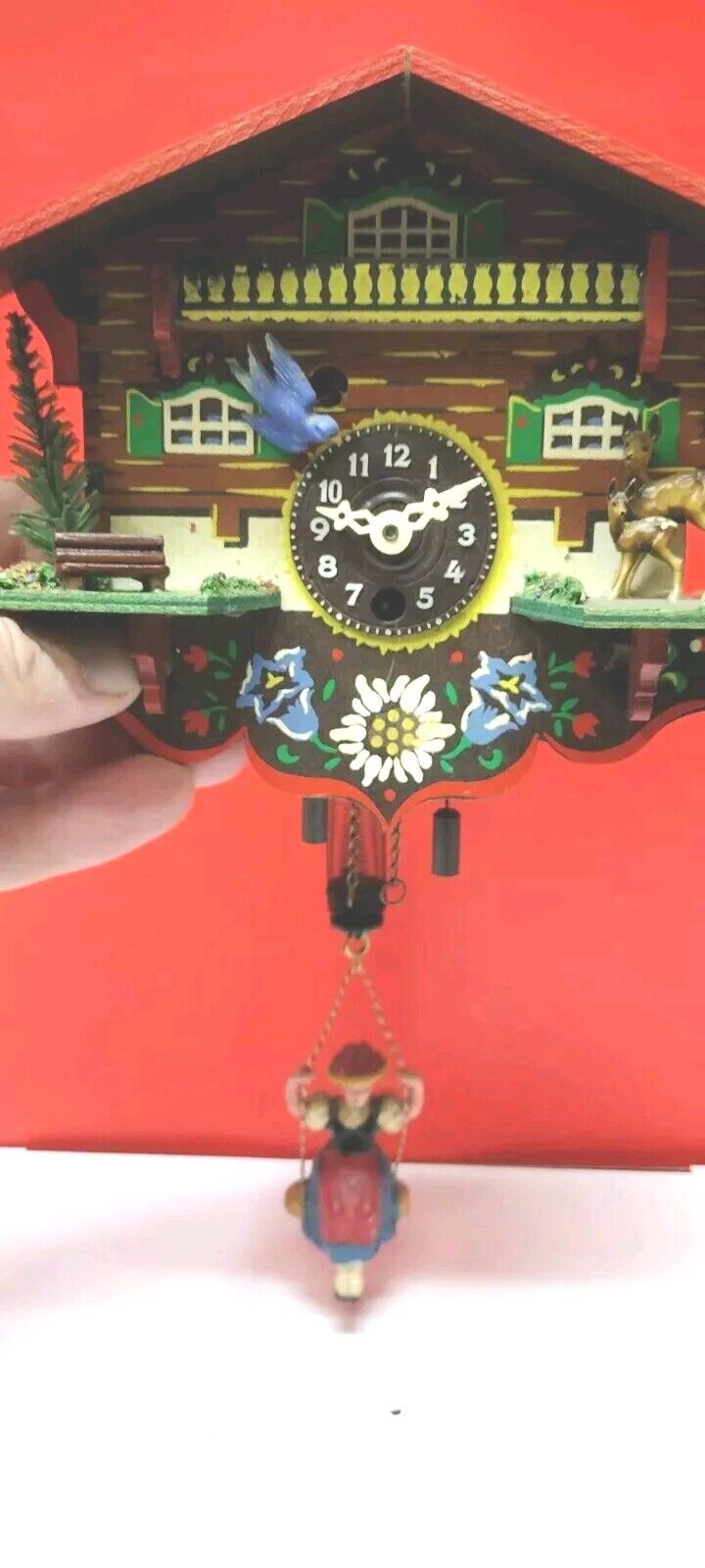 Vintage German Wood Hand-painted Miniature Windup Wall Clock W/ Swinging Lady 