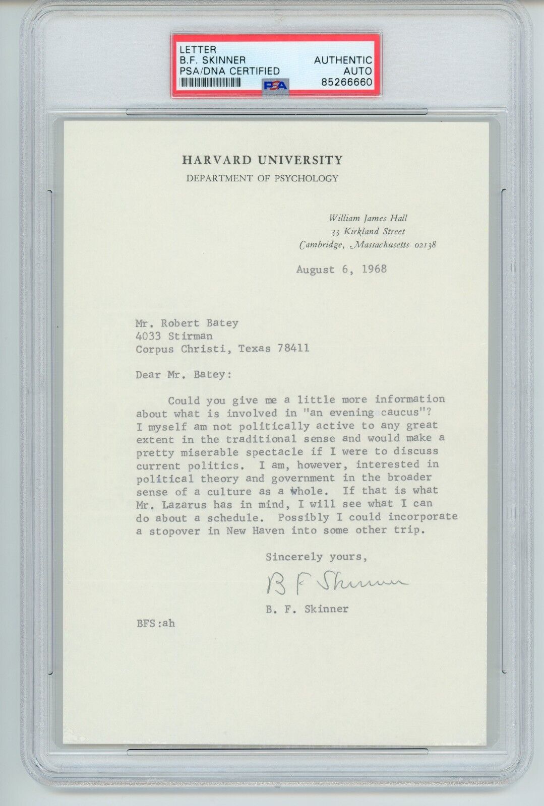 B.F. Skinner (Psychologist) ~ Signed Autographed Harvard Letter BF ~ PSA DNA