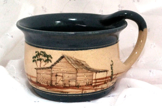 Vintage Rosa & Winton Eugene Blue & Tan Cabin Soup Mug 1992, signed by artist