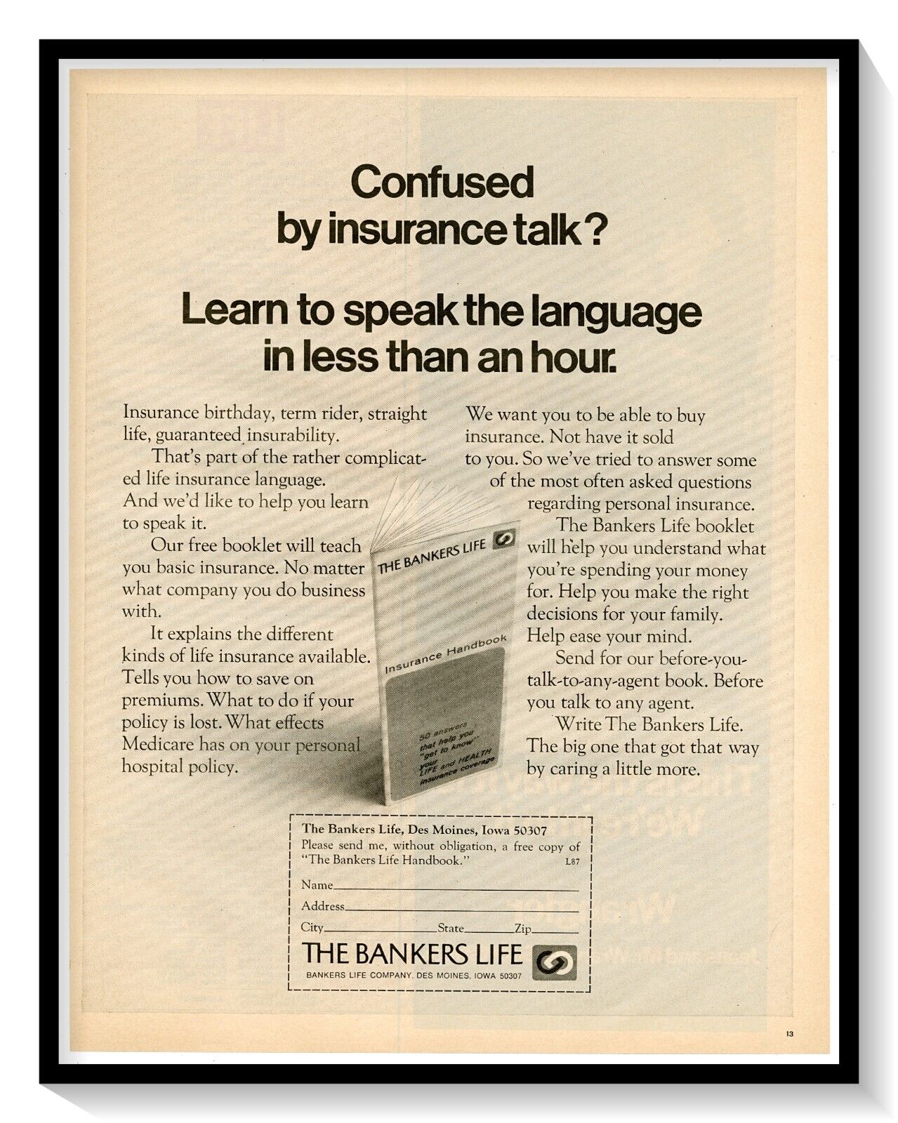 The Bankers Life Insurance Handbook Print Ad Vintage 1970 Magazine Advertisement