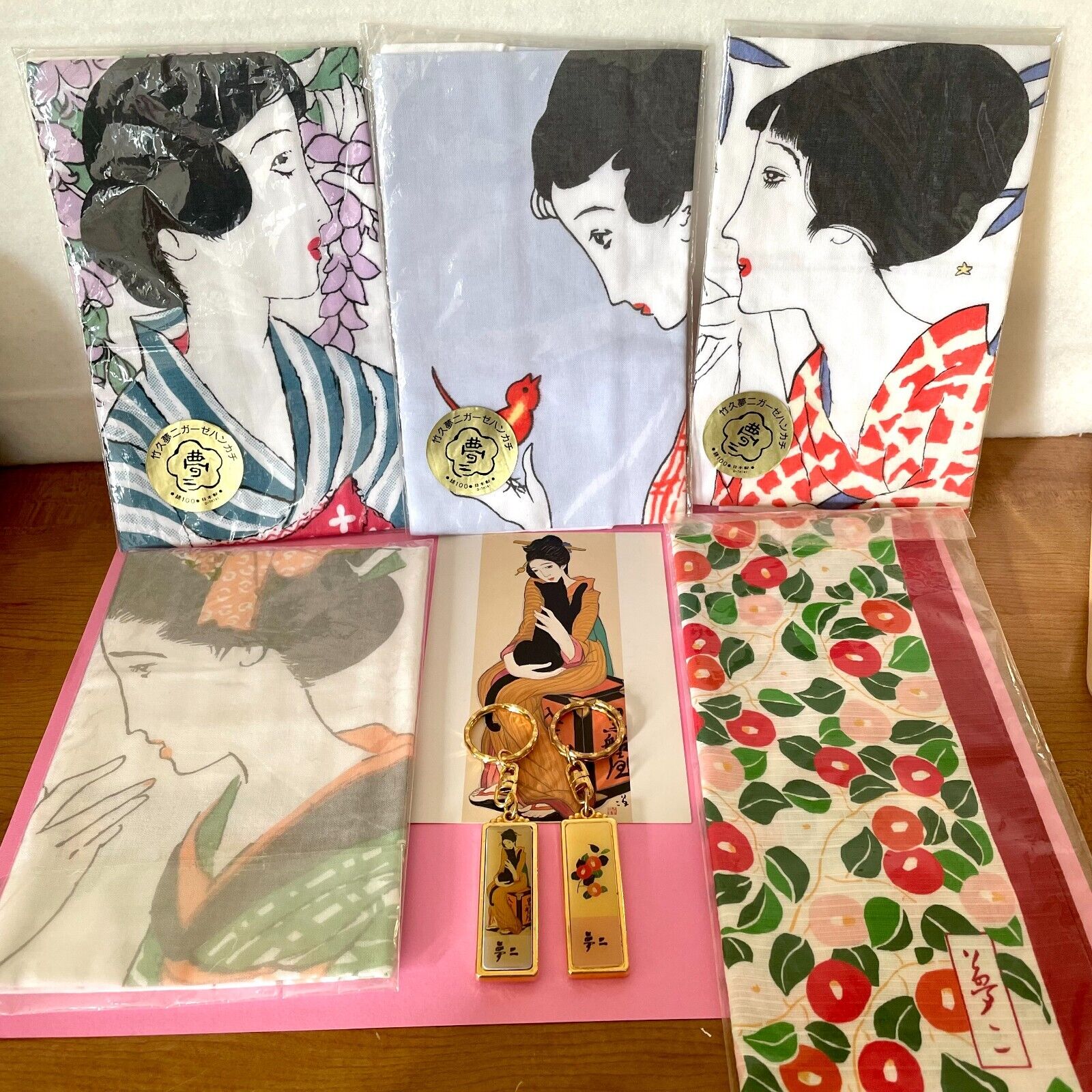 Yumeji Takehisa LOT gauze handkerchief  keychain postcard vintage from JAPAN