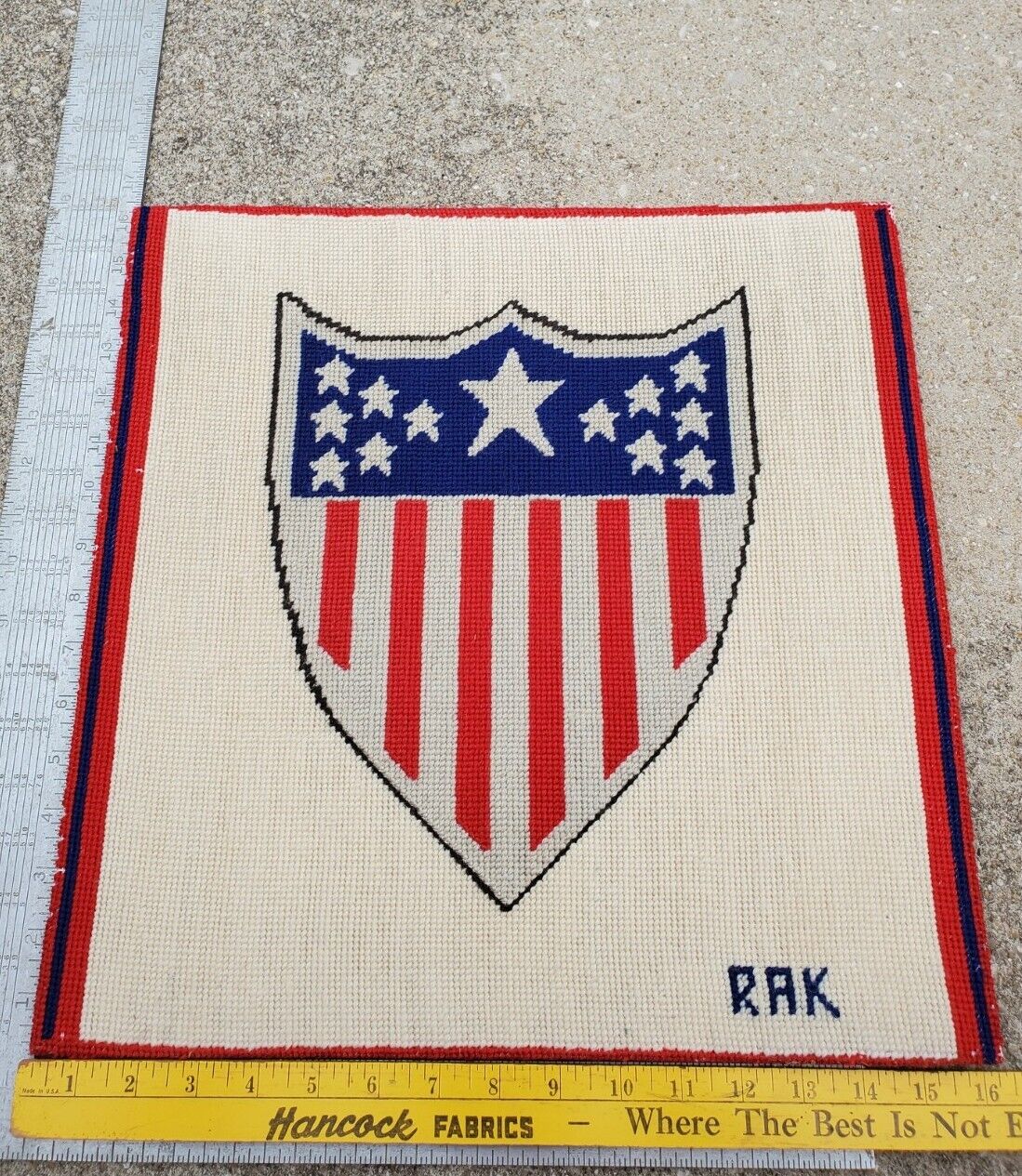 Vintage Circa 1960s Cross Stitch Army General Adjunct Patriotic Shield Flag RAK