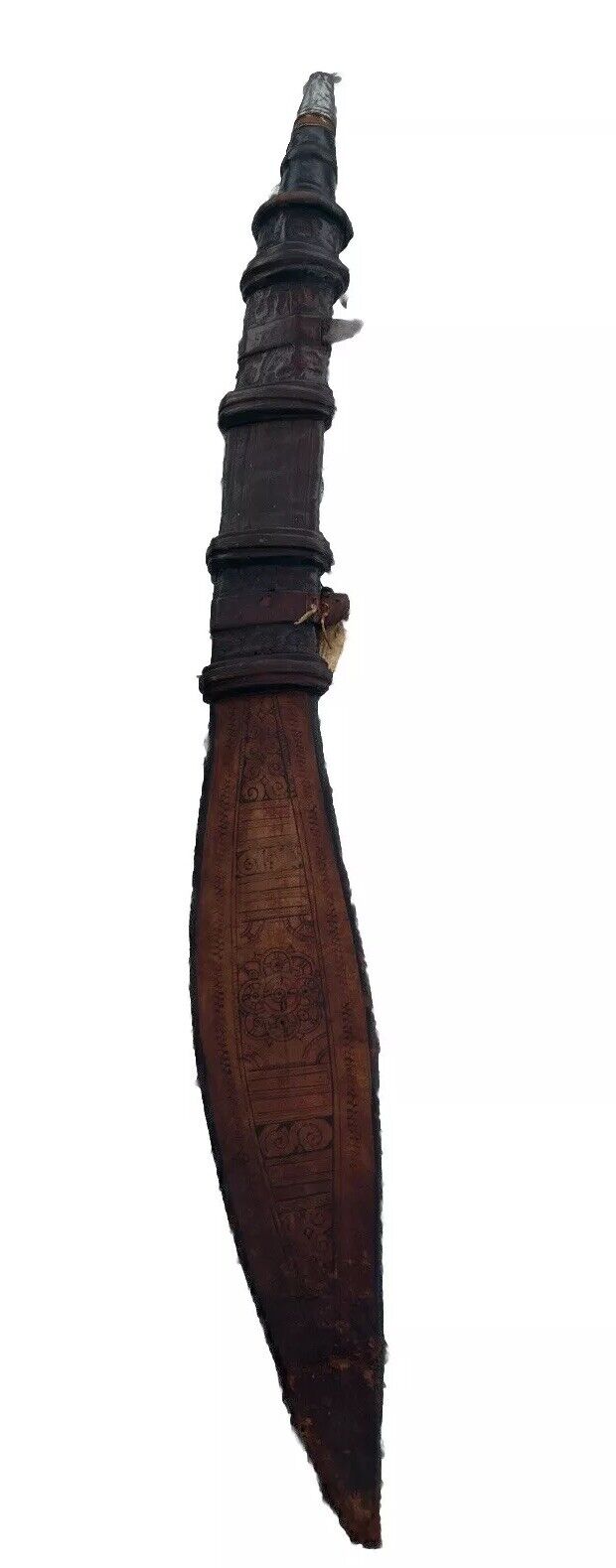 Vintage African Tribal Ceremonial Engraved Sword With Decorated Leather Sheath