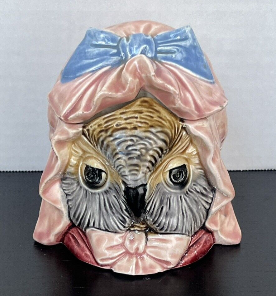 Antique Majolica Figural OWL Humidor Tobacco Jar Josef Strnact Germany