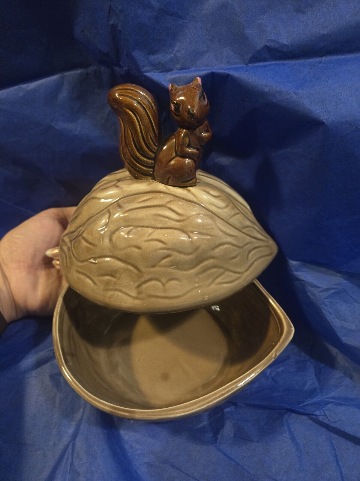 Vintage Ceramic Walnut with Squirrel on Top. Candy Dish, Trinket Box