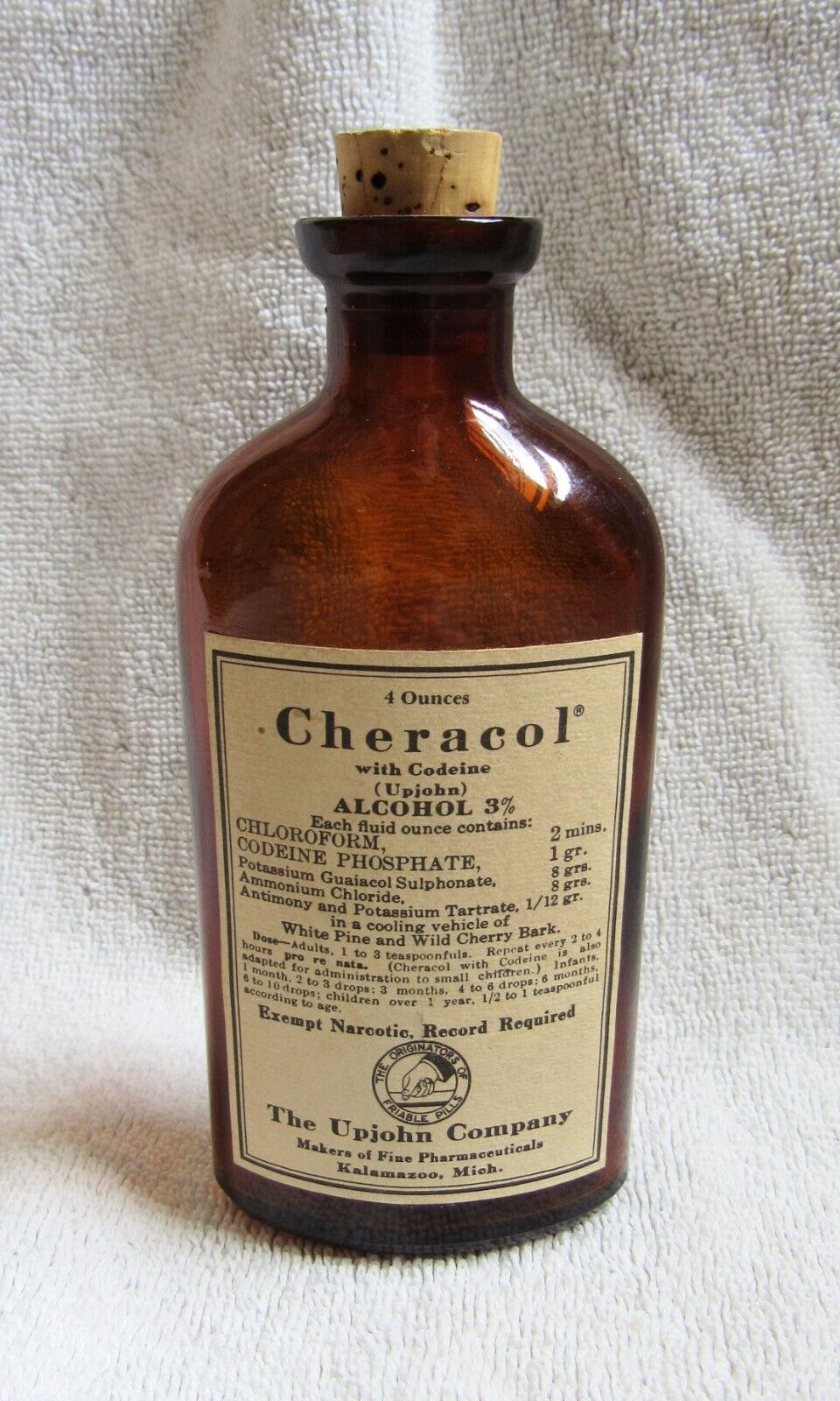 Vintage Cheracol Chloroform & Codeine Phosphate Amber Medicine Bottle Upjohn Co