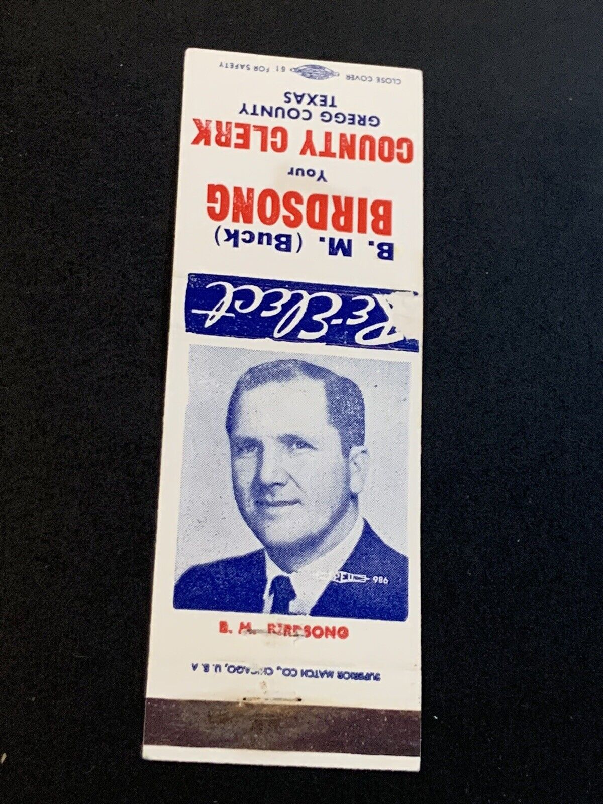 Vintage Political Matchbook “Buck Birdsong For Clerk Gregg County Texas” w/Photo