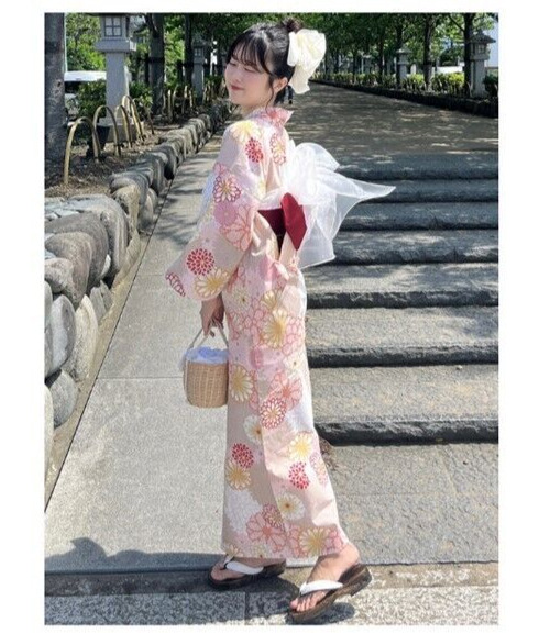 Kimono Yukata Set Grail Chrysanthemum Peony Pink Kyoto Summer Clothes  Japan