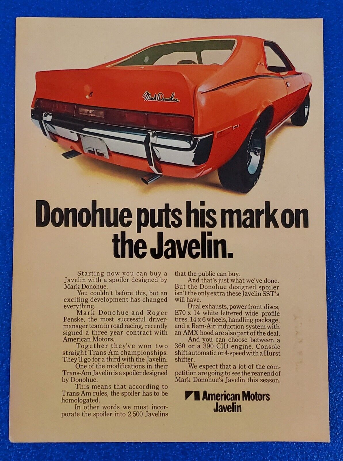1970 AMC JAVELIN DONOHUE / PENSKE CLASSIC ORIGINAL PRINT AD AMERICAN MUSCLE CAR