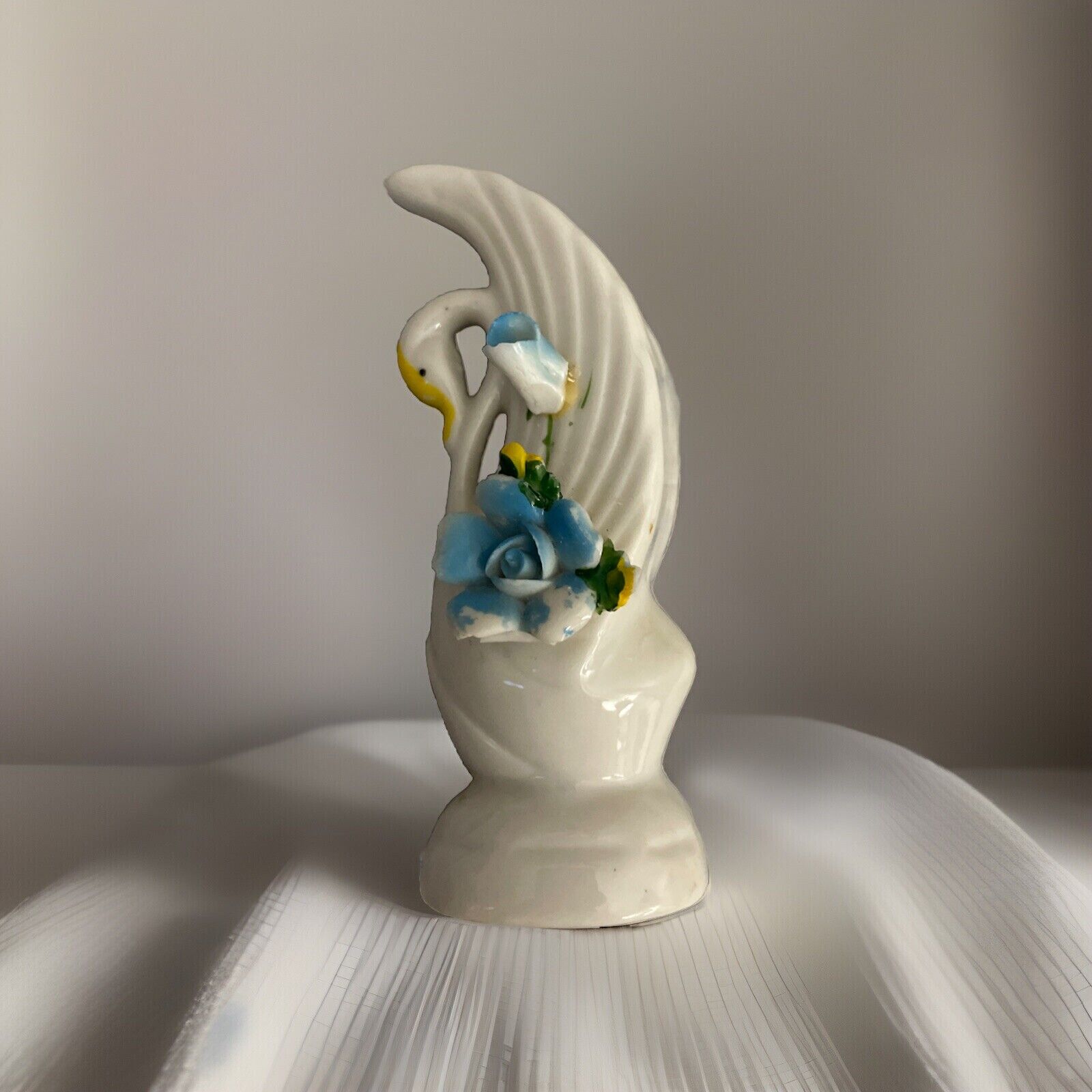 Swan Porcelain With Raised Applied Blue Flowers 4”