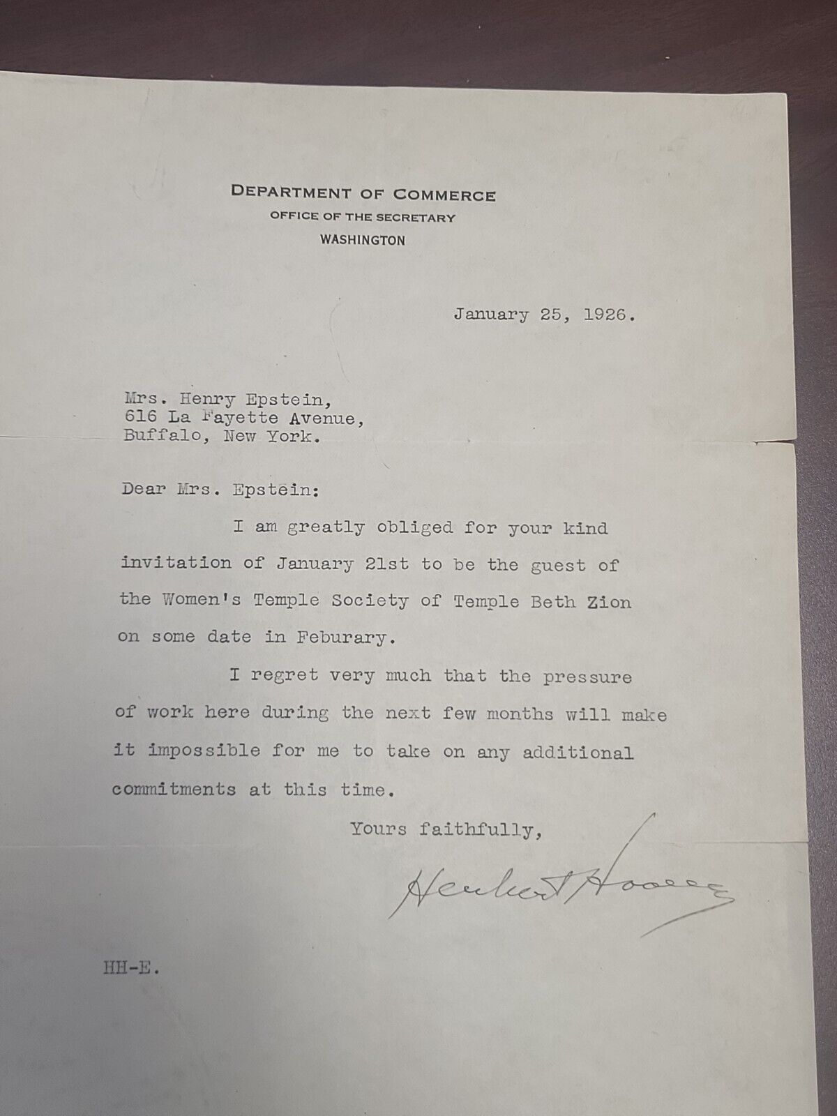Herbert Hoover signed typed letter as Secretary of Commerce
