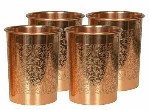 Pure Copper Water Drinking Glass Tumbler Cup Health Yoga Benefit Set 4 Pcs 300ml