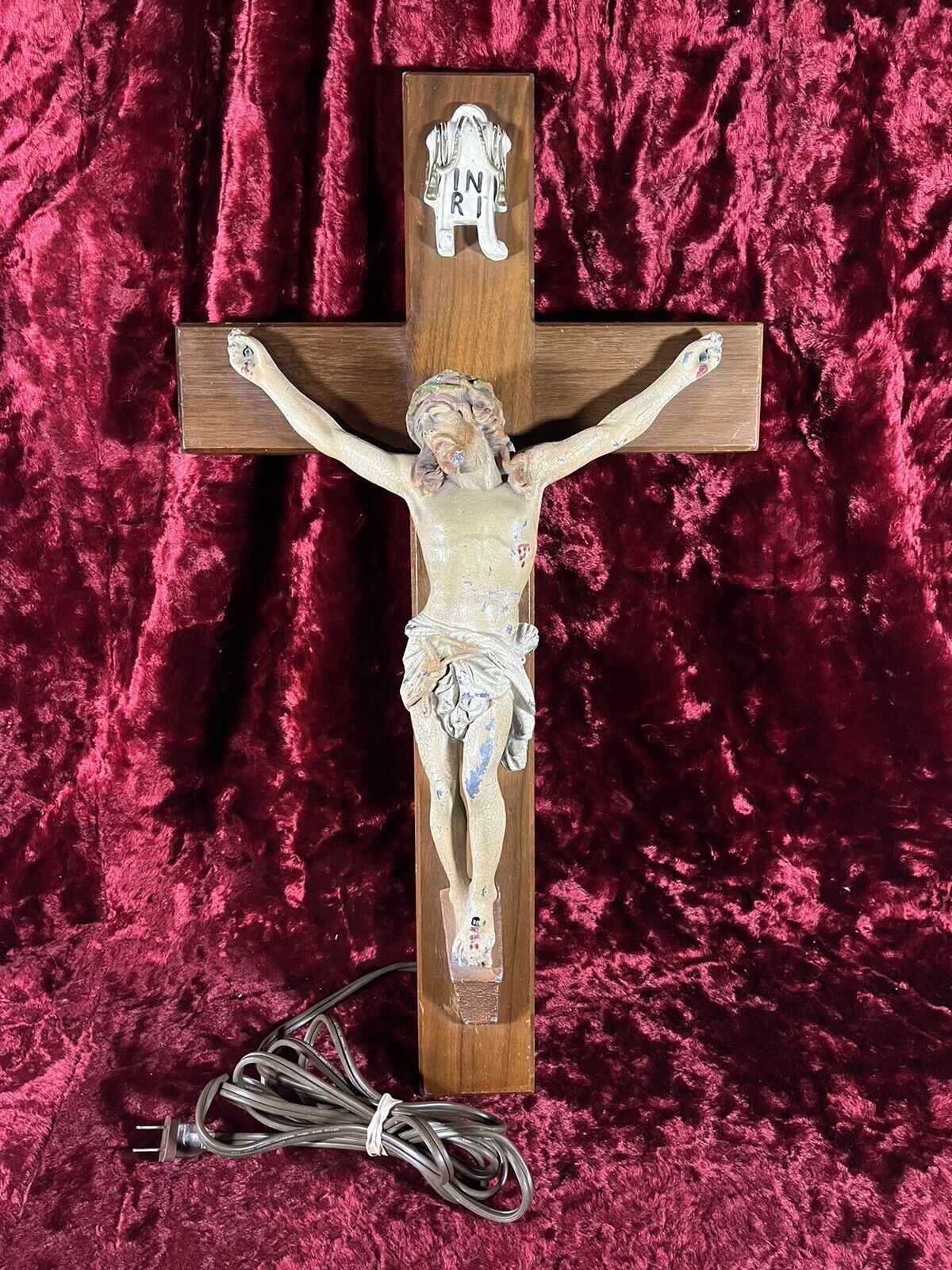 Vintage Funeral Wooden Neon Crucifix Cross Jesus Antique Working