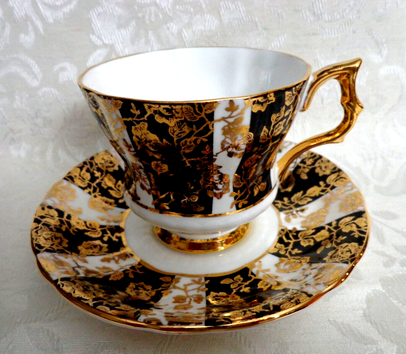 Royal Windsor Black & White with Floral Chintz Design Tea Cup & Saucer  England