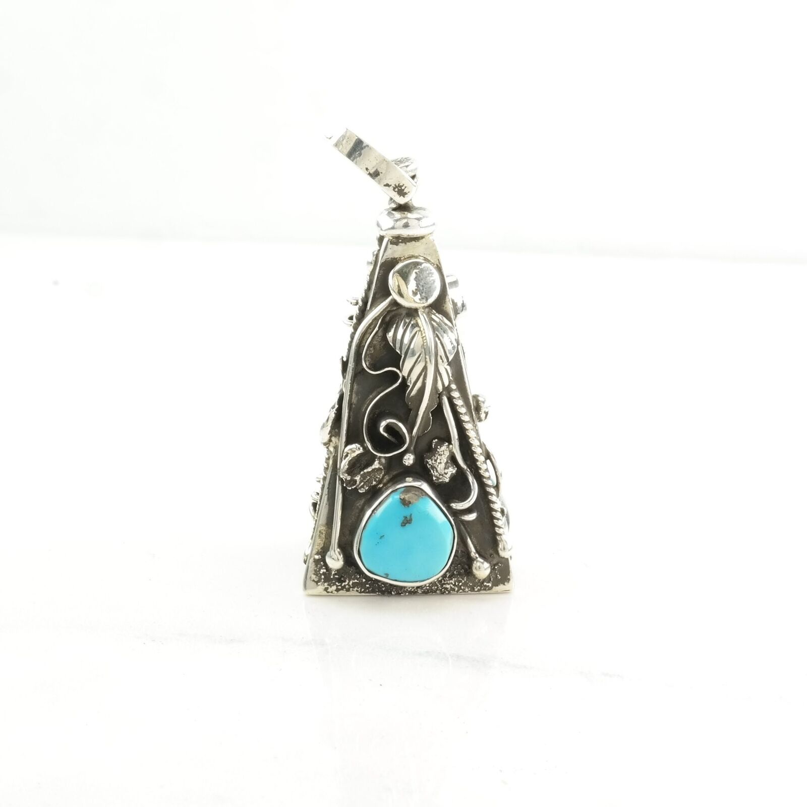Vintage Native American Turquoise, Coral Pyramid, Floral Sterling Silver Pendant