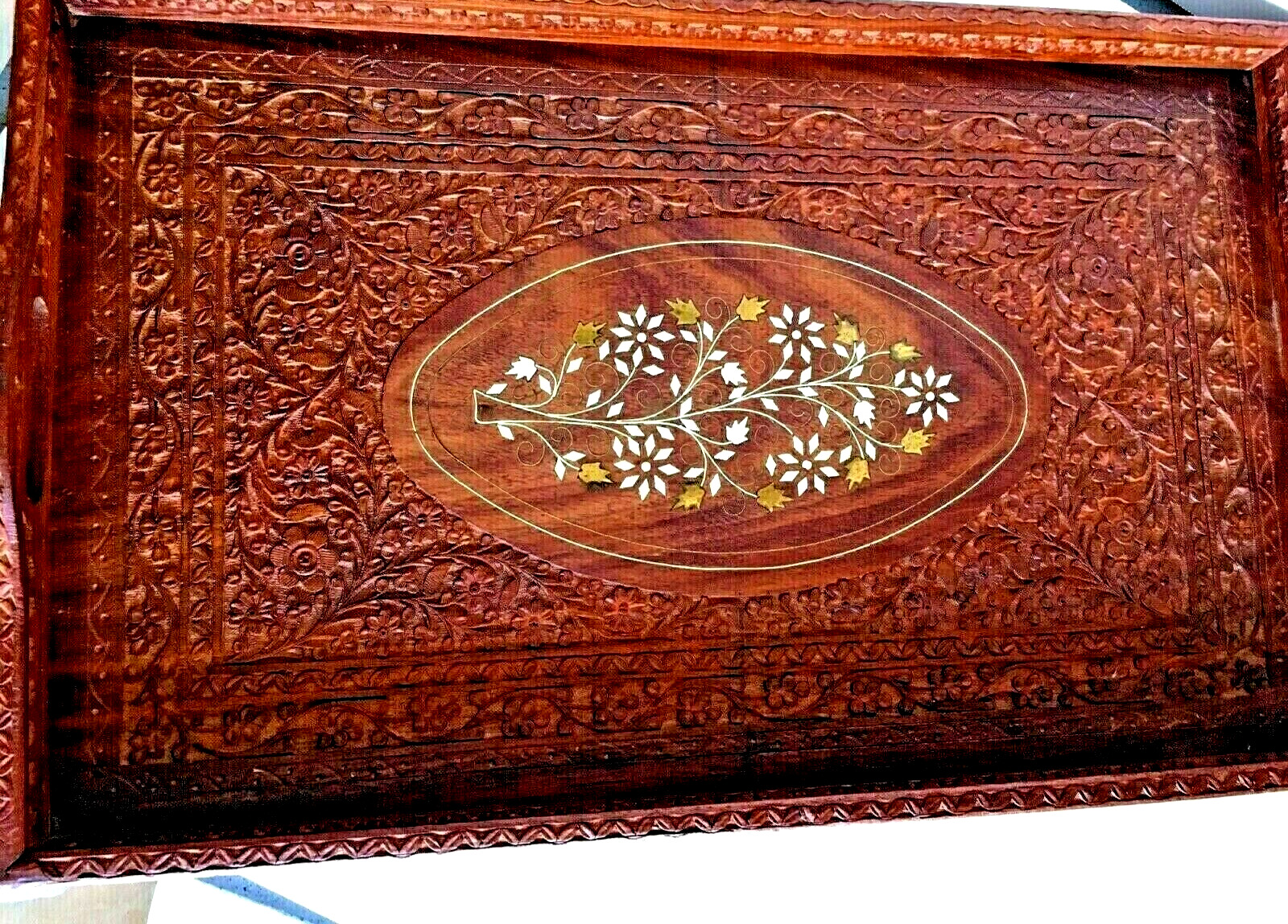 Teak Wood Marquetry Boho Tray w/ Inlaid Mother of Pearl & Brass Vintage 21