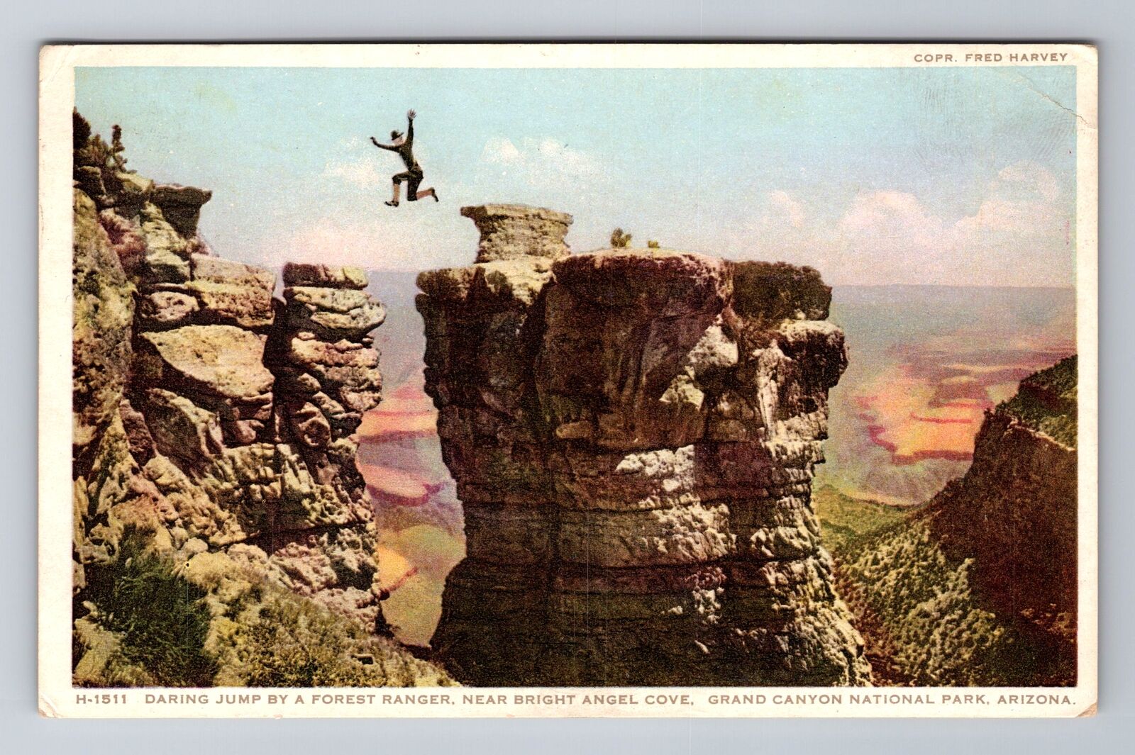 Grand Canyon AZ-Arizona, Daring Jump By  A Forest Ranger, Vintage c1930 Postcard