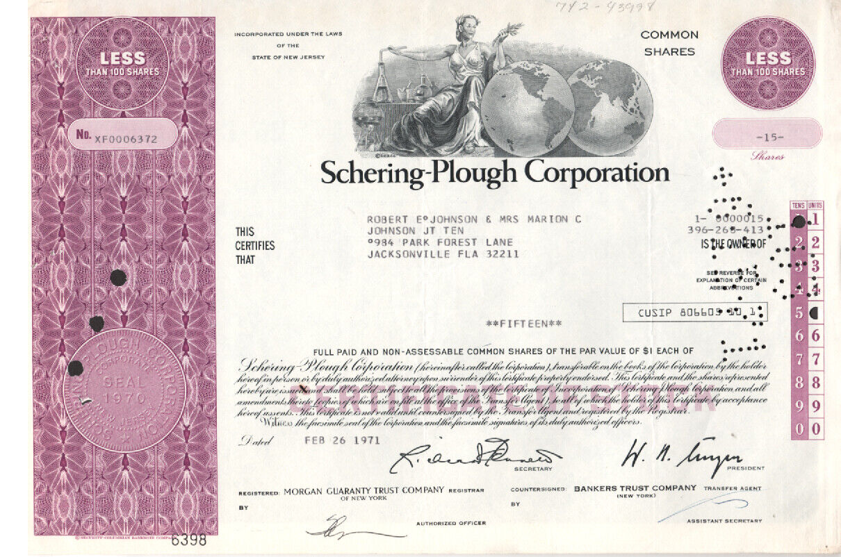 Schering-Plough Corp - Original Stock Certificate - 1971 - #6372