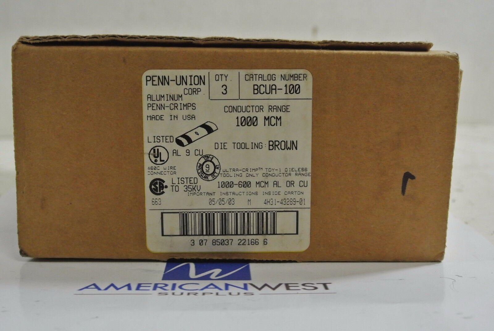 NIB Box of 3 Penn-Union BCUA-100 Aluminum Penn-Crimps 1000 MCM Conductor Range